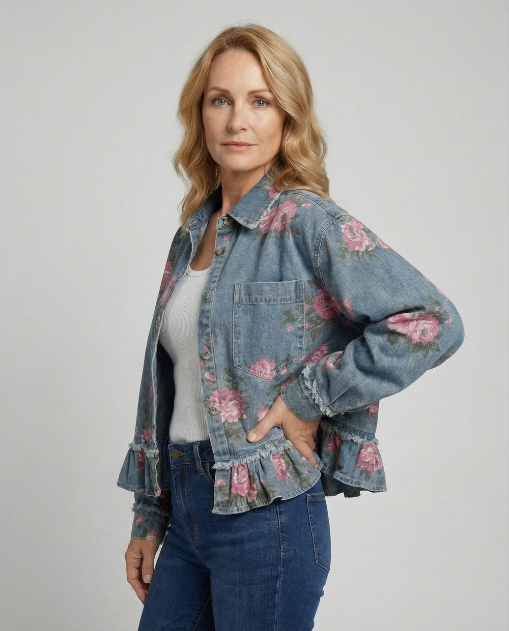 Damen Jeansjacke kurz mit Blumenprint