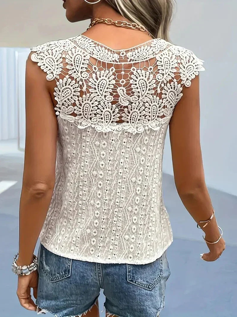 Spitzenshirt Vintage Elegantes Ärmelloses V-Ausschnitt Damen Sommer T-Shirt