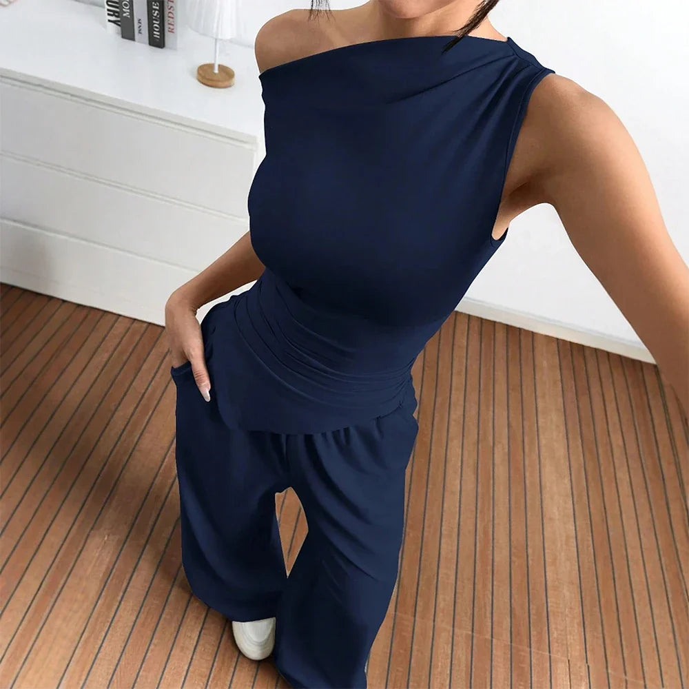 Damen Elegante Jumpsuit-Kombination mit asymmetrischem Oberteil und weitem Bein