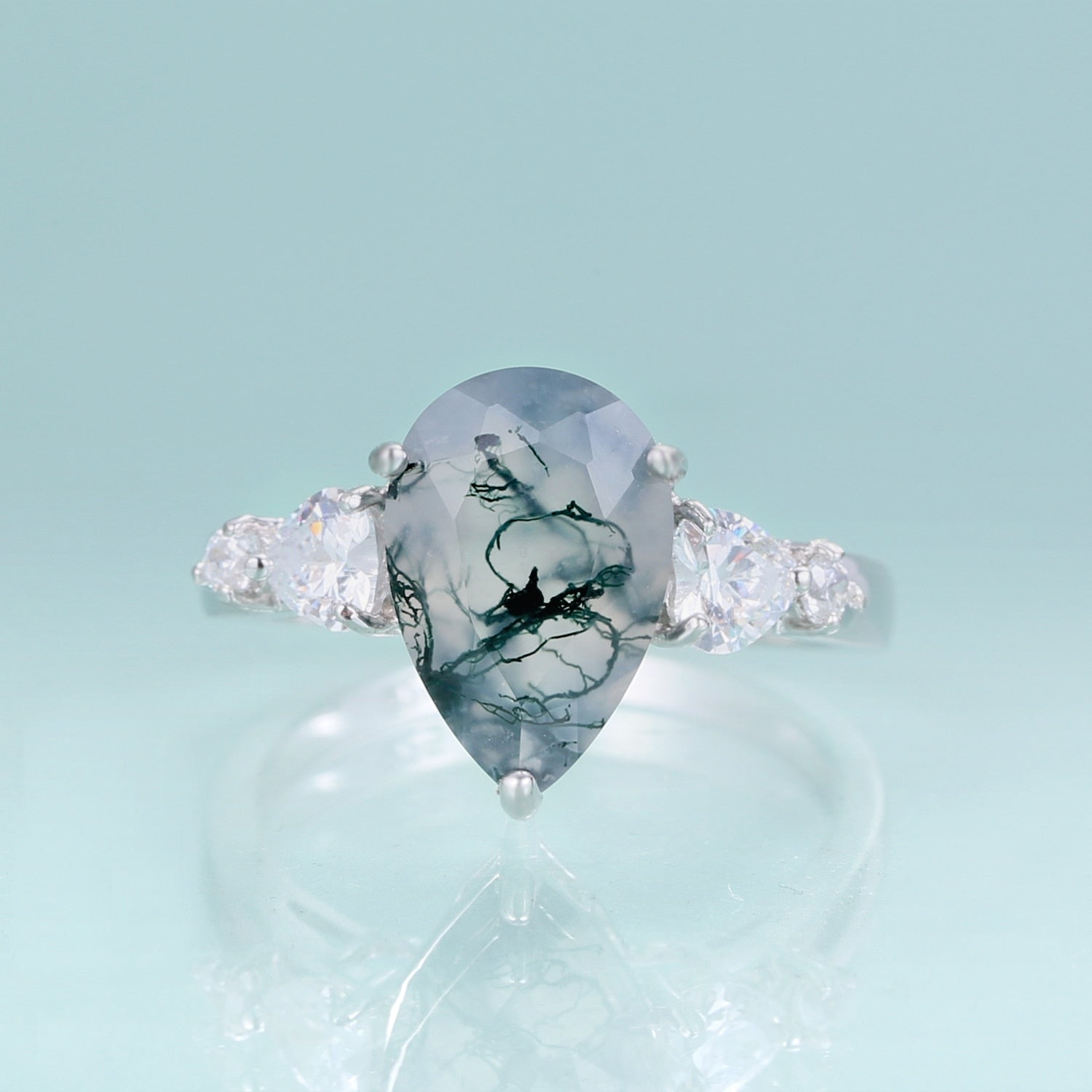 Moosachat birnenförmiger Ring in Silber | Shop Nory