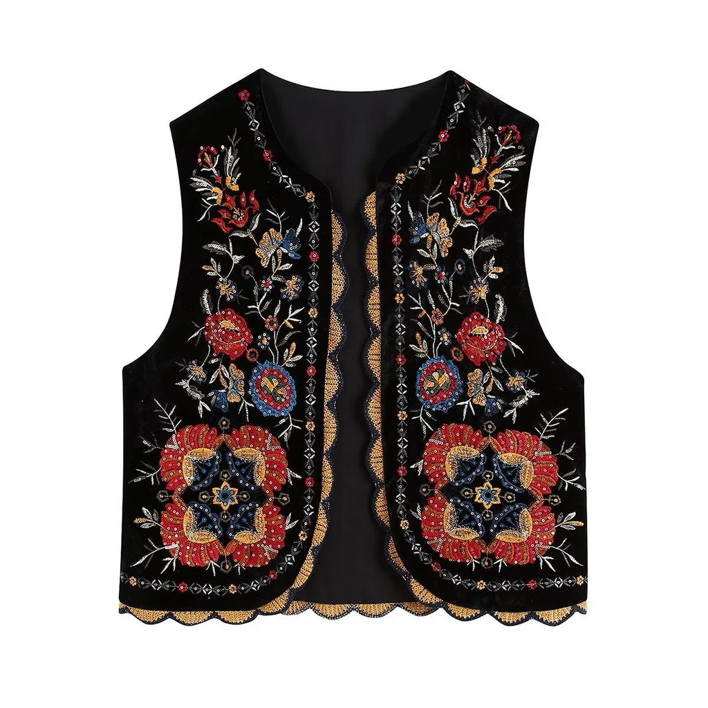 Weste mit Pailletten Blumenstickerei, Patchwork Taille Mantel Aus Samt