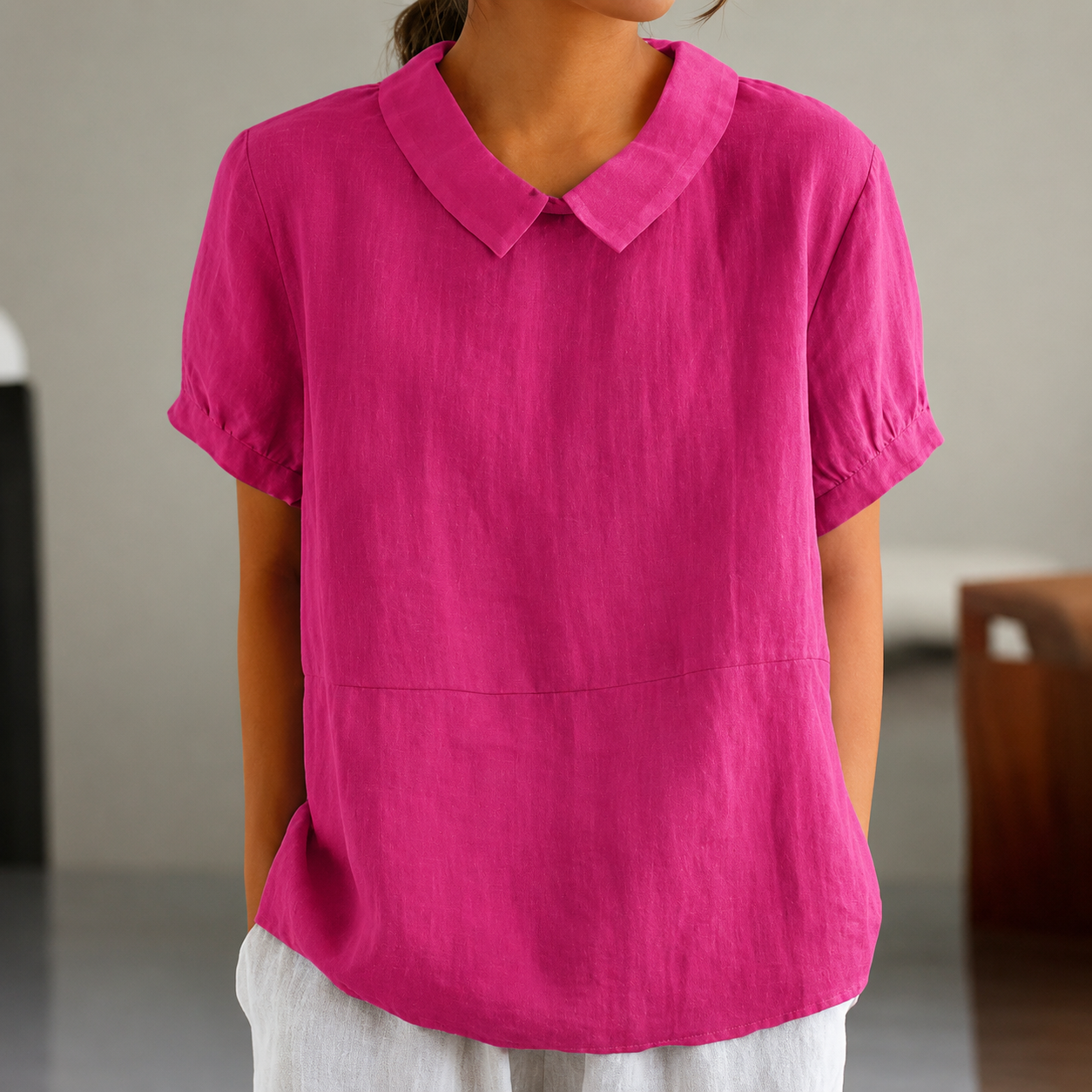 ShopNory | Bequeme Baumwoll Leinen Bluse mit Peter Pan Kragen