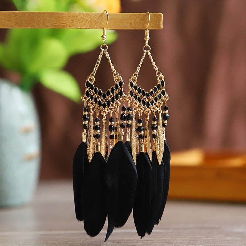 Ethnische Feder | Ethnische Feder Ohrringe für Frauen Lange Baumeln | Shop Nory