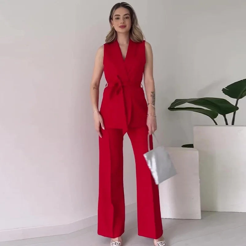 Ärmelloser Blazer-Anzug Taillierte Passform Wickel-V-Ausschnitt Weite Hose