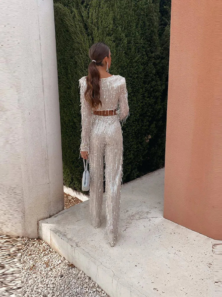 Quaste Pailletten Frauen 2 Teilig Set Herbst Silber Licht Seide O-Ausschnitt Crop Tops Breite Bein Hosen Damen Anzug Mode Straße Damen Set