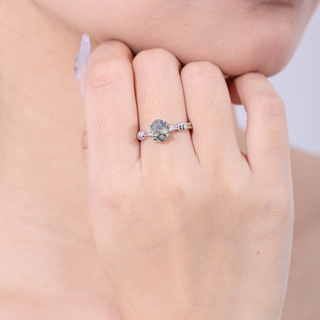 Von der Natur inspirierter Moosachat-Verlobungsring in Silber | Shop Nory