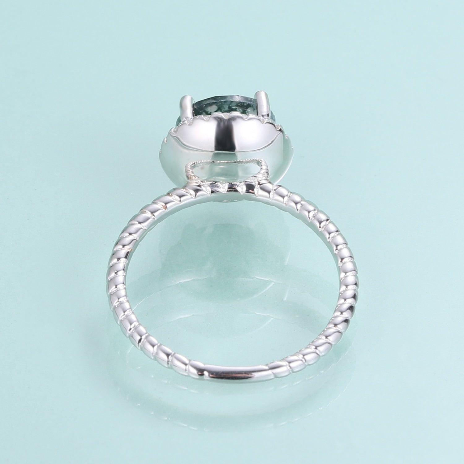 Moosachat-Verlobungsring, runder Halo-Ring in Silber | Shop Nory