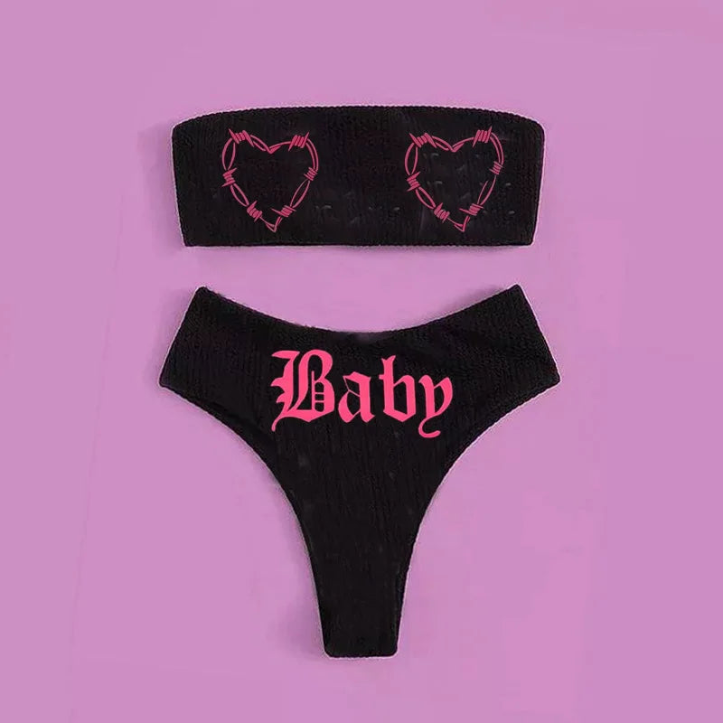 Sexy Goth Bikini Frauen Buchstaben Totenkopf Druck Badeanzug Split Badeanzug Hohe Taille Gotische Bikini Set Strandoutfits