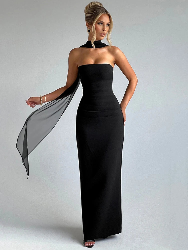 Abendballkleid Strapless Bodenlang Säulensilhouette Halstuchdetail