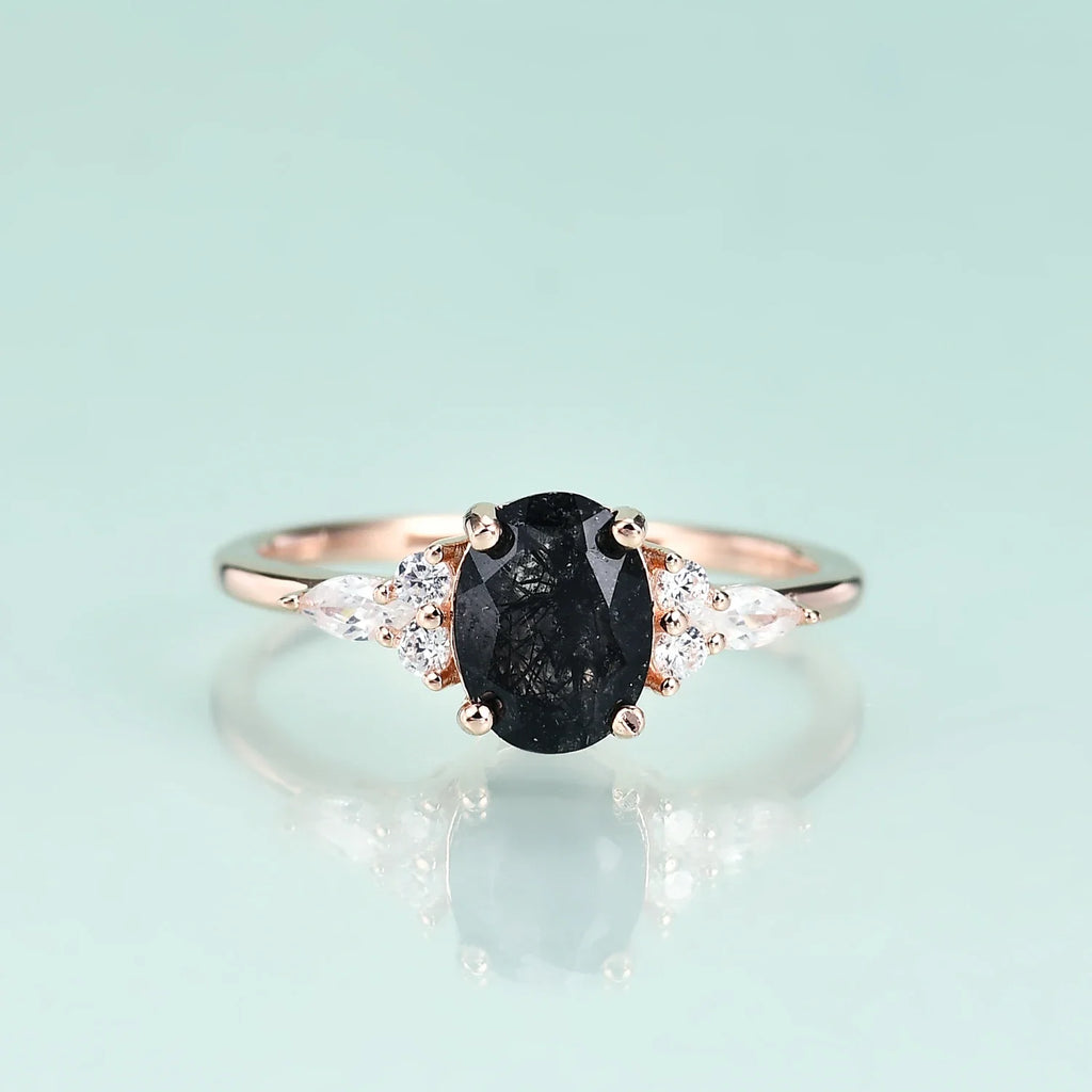 Schwarzer Rutilquarz-Verlobungsring aus 14-karätigem Roségold, antik aussehender gotischer Verlobungsring | Shop Nory