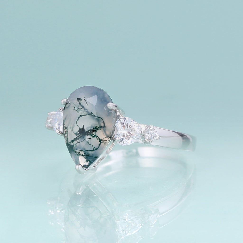 Moosachat birnenförmiger Ring in Silber | Shop Nory