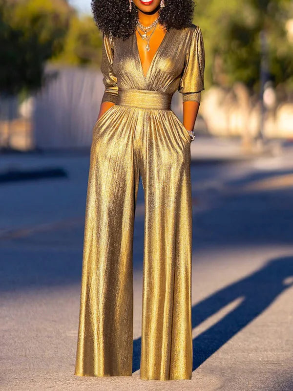 ShopNory Damen Jumpsuit mit V-Ausschnitt und Metallic-Optik