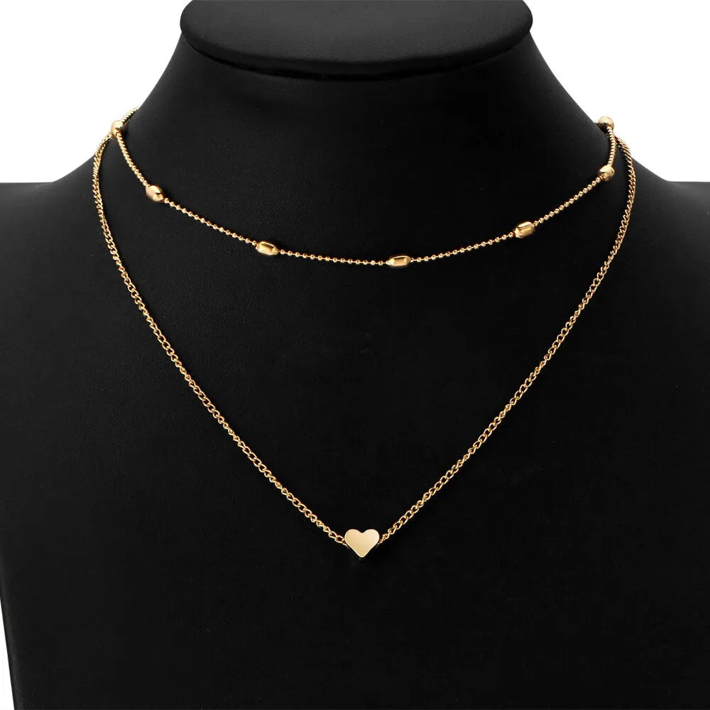 Damen Gold Silber Rund Perlenkette Herzanhänger Doppelschicht Halsketten | Shop Nory