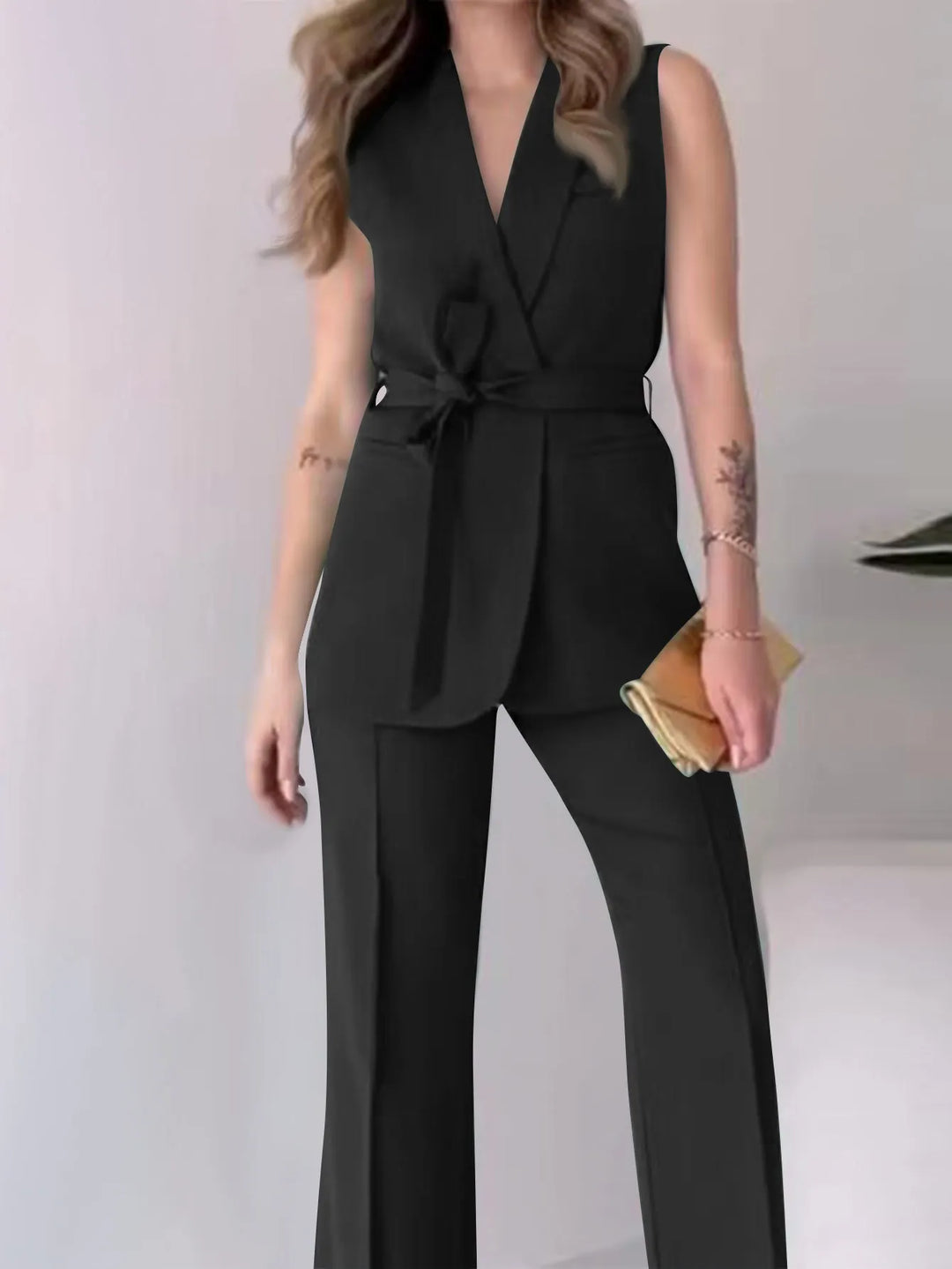 Ärmelloser Blazer-Anzug Taillierte Passform Wickel-V-Ausschnitt Weite Hose