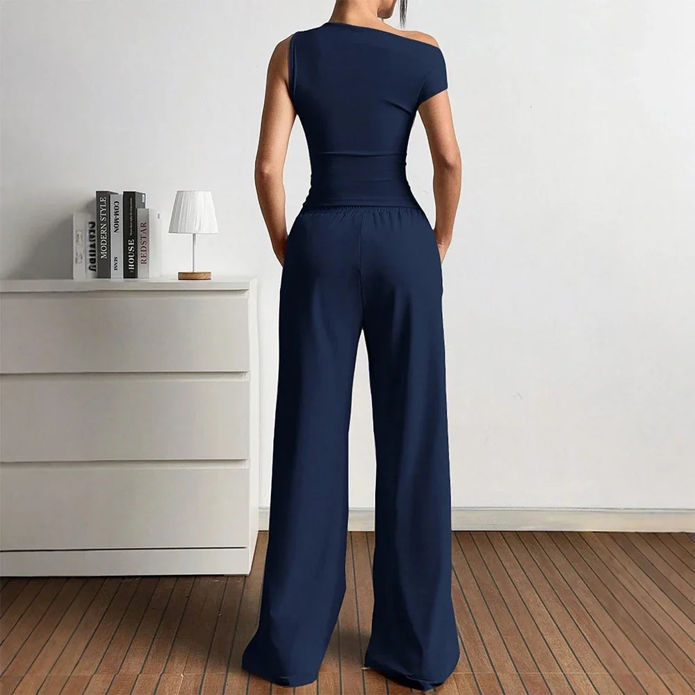 Damen Elegante Jumpsuit-Kombination mit asymmetrischem Oberteil und weitem Bein