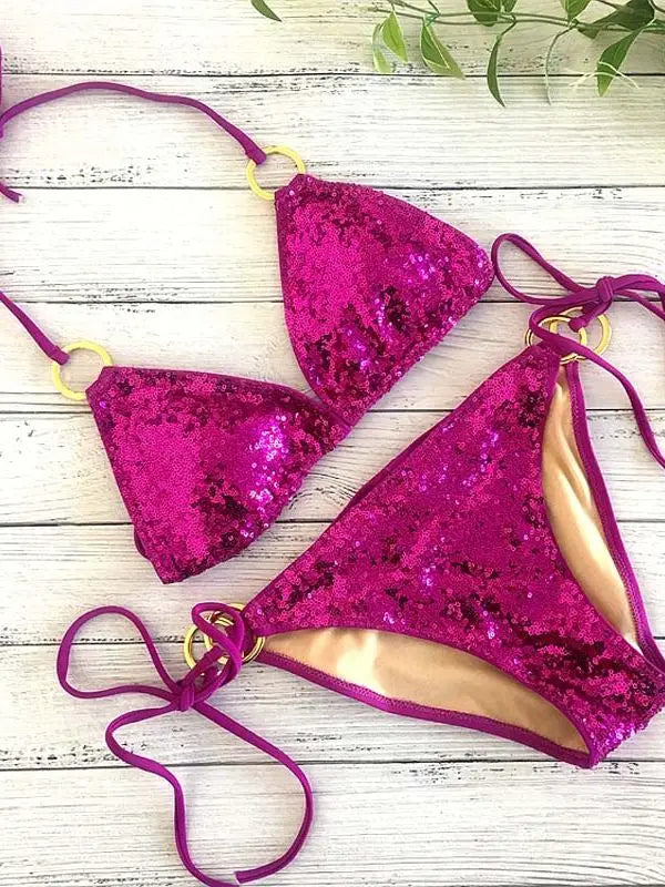 Shopnory | Neu Sexy Bikinis Pailletten Goldfarbe Frauen Bandage Bikini Set Push-Up Vorgepolsterter Bh Badeanzug Set Bademode