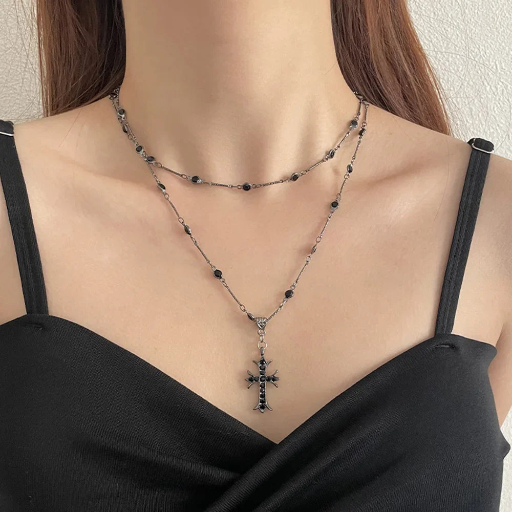 Sommer Schwarzes Rhinestone Kreuz Jesus Anhänger Choker Halskette Shop Nory