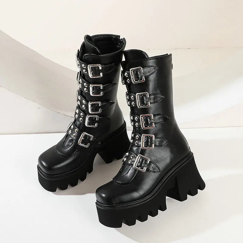 Gothic Schuhe Frauen Schwarz Hochstiefel Weiblich Hohe Absatz Frauen Combat Punk Chunky Dame