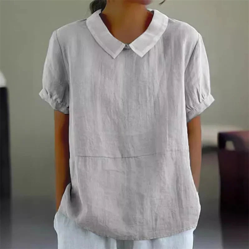 ShopNory | Bequeme Baumwoll Leinen Bluse mit Peter Pan Kragen