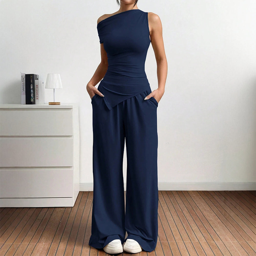 Damen Elegante Jumpsuit-Kombination mit asymmetrischem Oberteil und weitem Bein