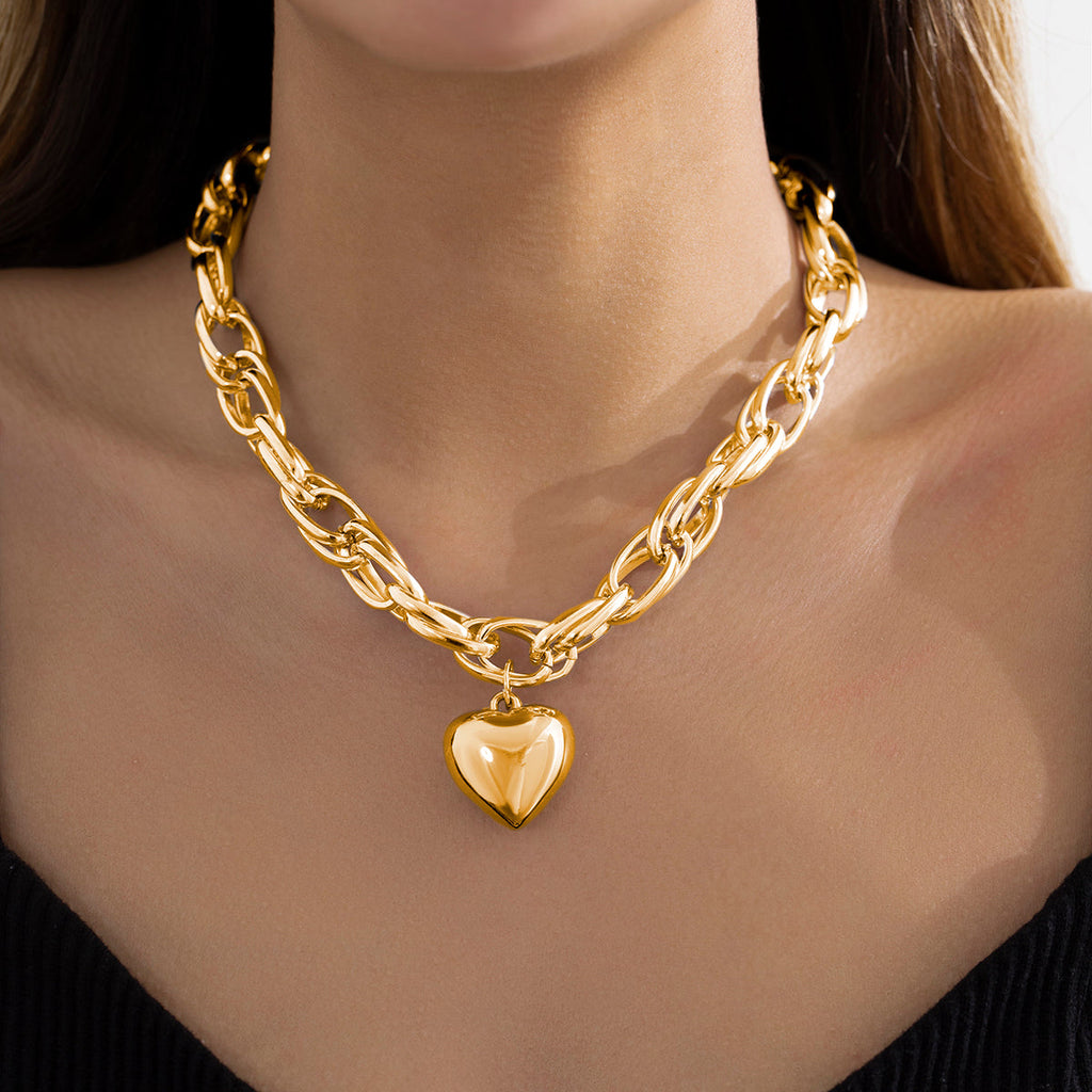 Damen Gold / Silber Herzanhänger Chunky Kreis InterLink Kette Choker Party Halskette | Shop Nory