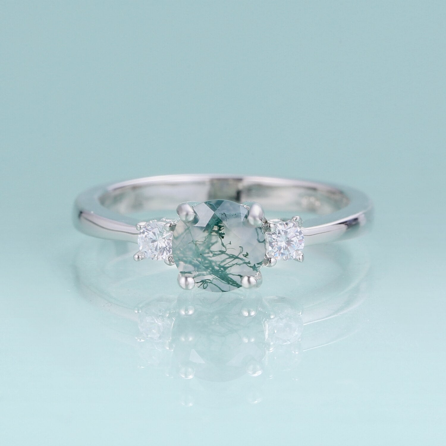 Grüner Moosachat-Ring, klassischer Verlobungsring mit drei Steinen in Silber | Shop Nory