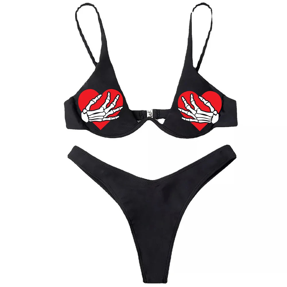 Sexy Goth Bikini Frauen Buchstaben Totenkopf Druck Badeanzug Split Badeanzug Hohe Taille Gotische Bikini Set Strandoutfits