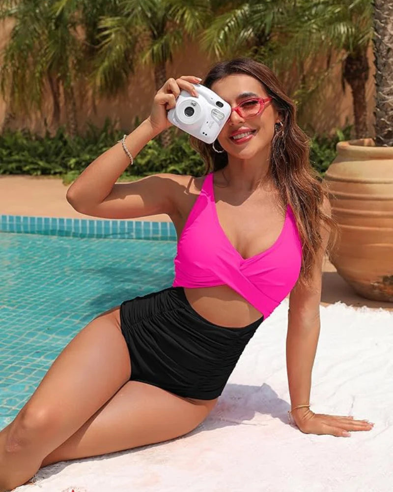 Damen Einteiler Badeanzüge Push Up Bauchkontrolle Badeanzüge V-Ausschnitt Cutout Anständige Bademode