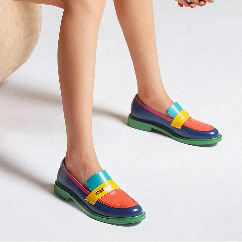 Multi Color Block Echtes Leder Loafer
