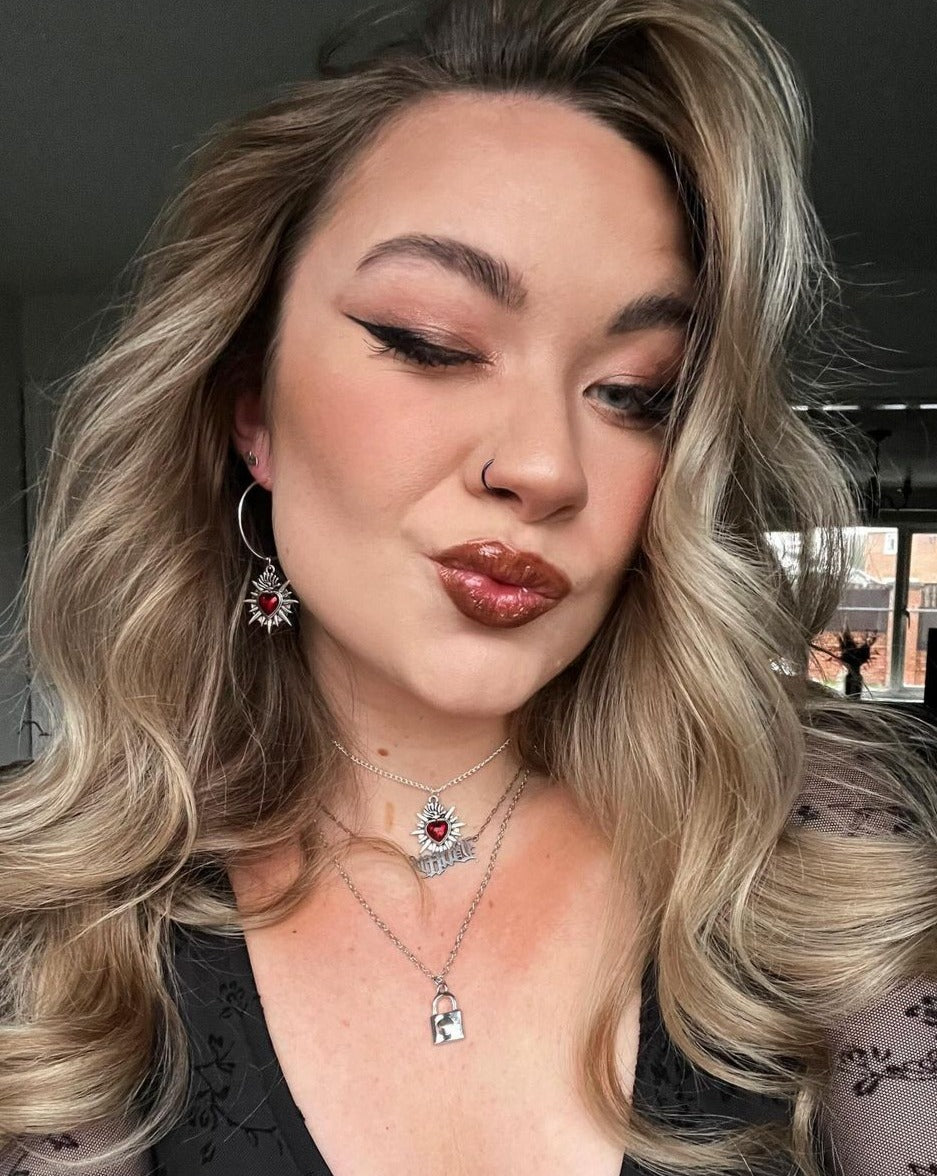 Silver Sacred Flaming Red Heart Charm Hoop Earrings | Shop Nory
