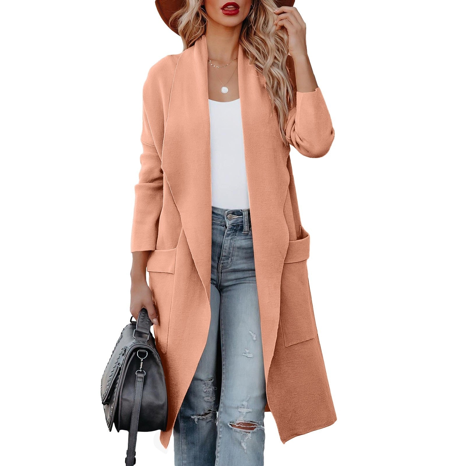 Damen Casual Lange Cardigan mit Taschen und Offener Vorderseite