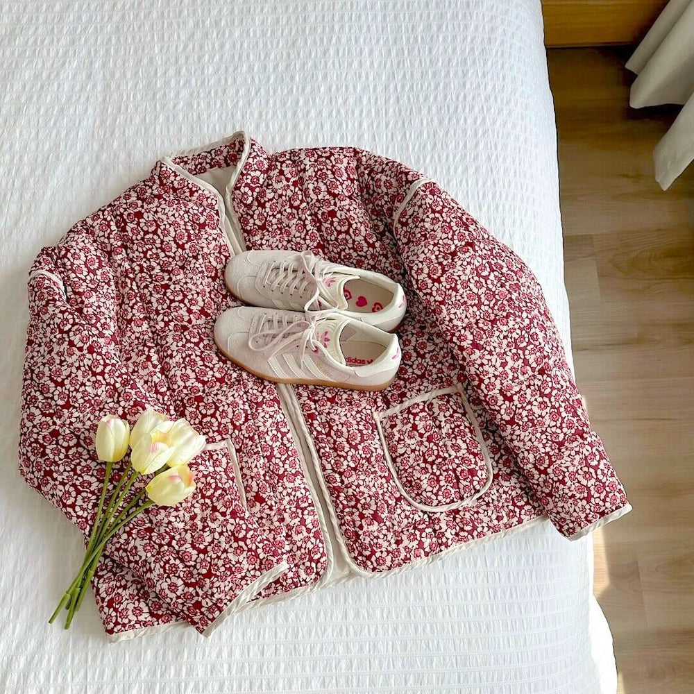 Damen Blumen Gestepptes Jacke mit Taschen und Langen Ärmeln