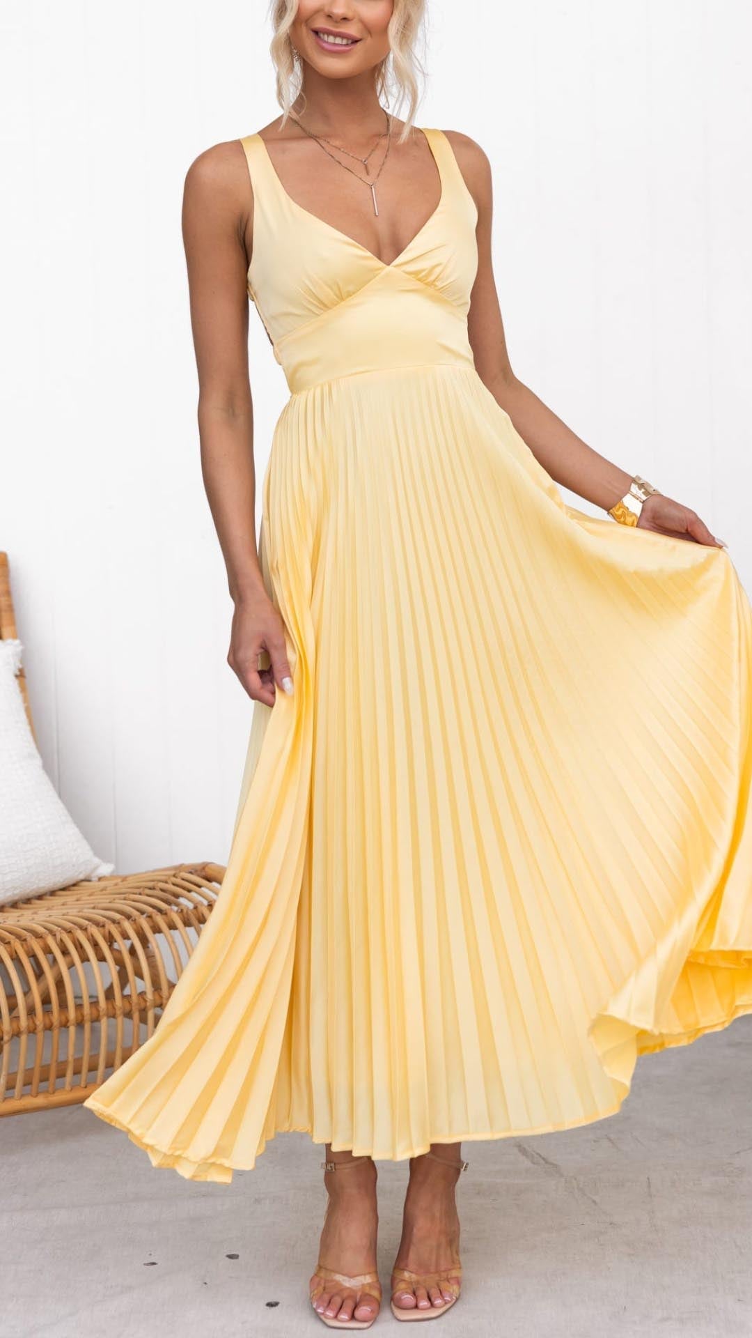 Gelb Plissiertes V-Ausschnitt Maxi Kleid