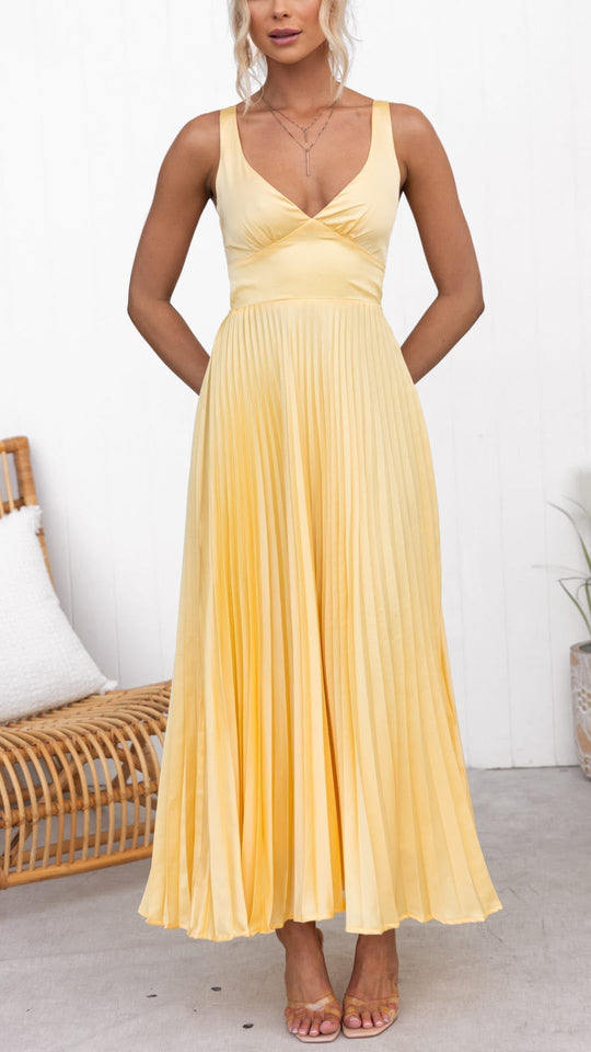 Gelb Plissiertes V-Ausschnitt Maxi Kleid