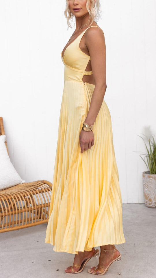 Gelb Plissiertes V-Ausschnitt Maxi Kleid