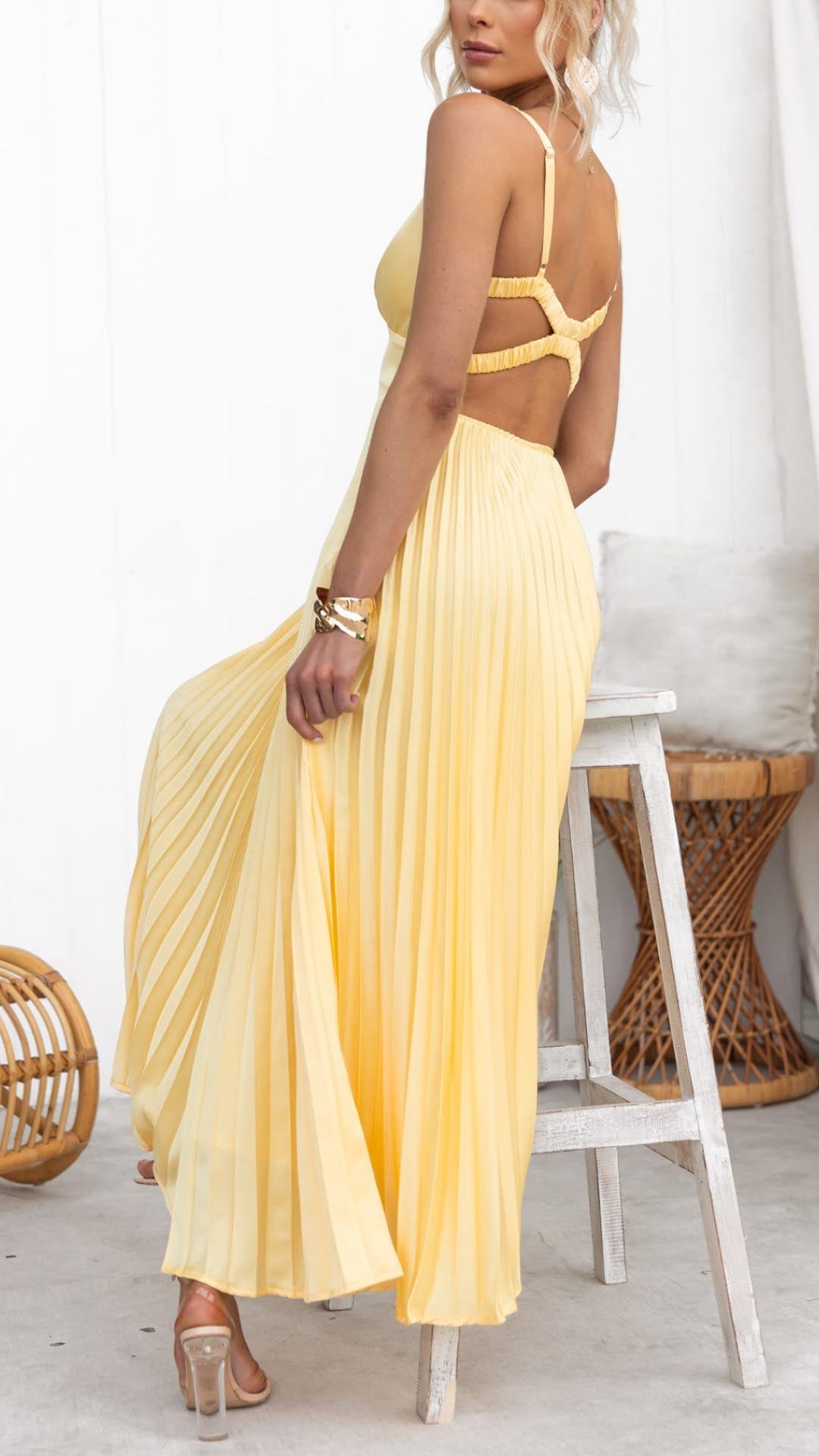 Gelb Plissiertes V-Ausschnitt Maxi Kleid