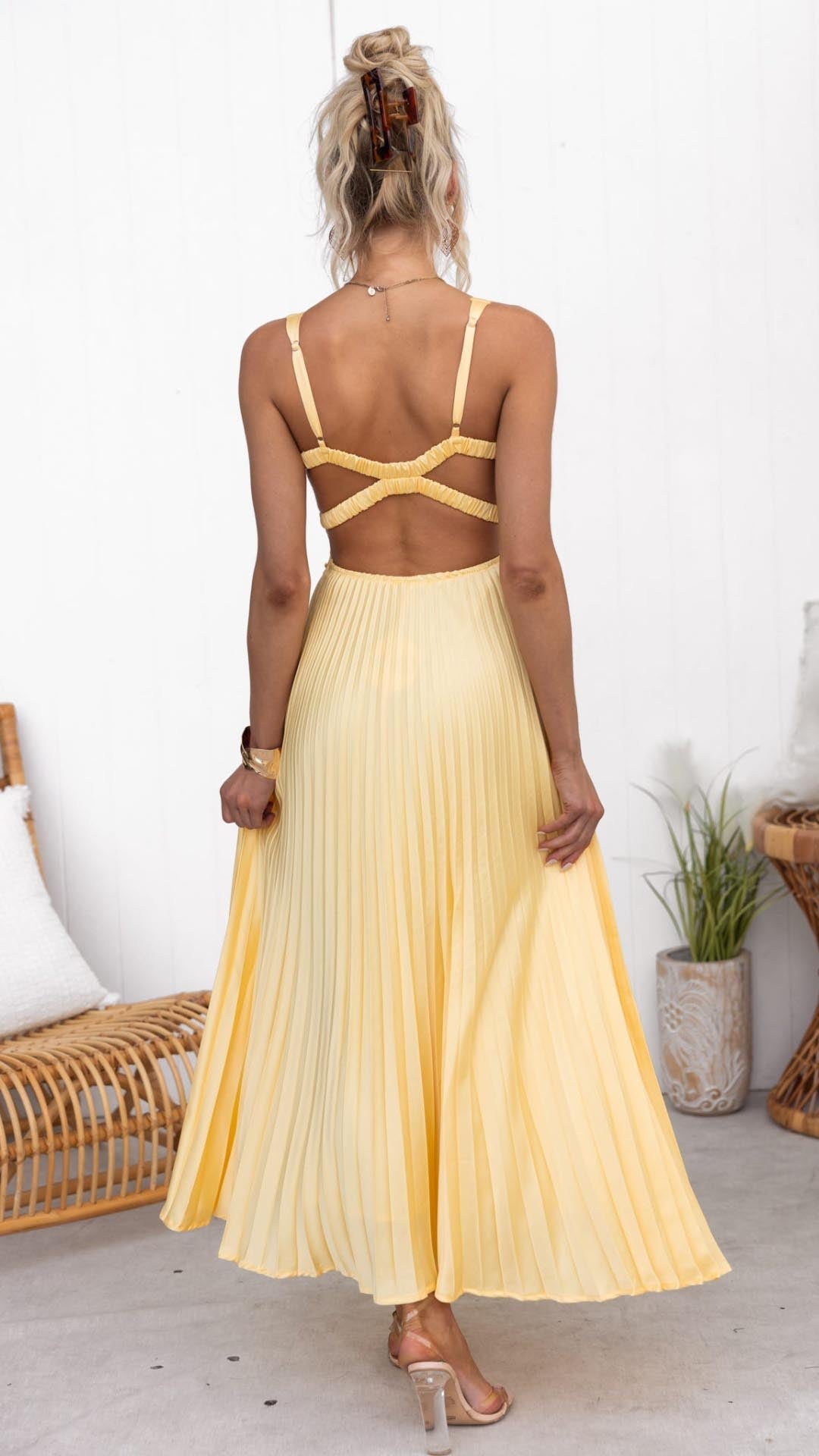 Gelb Plissiertes V-Ausschnitt Maxi Kleid