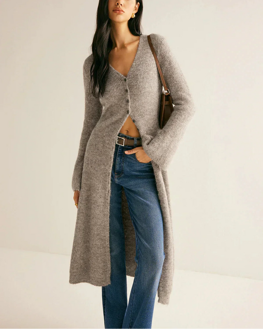 Shopnory | Lange Strickjacke mit Knöpfen V-ausschnitt Elegant und Komfortabel