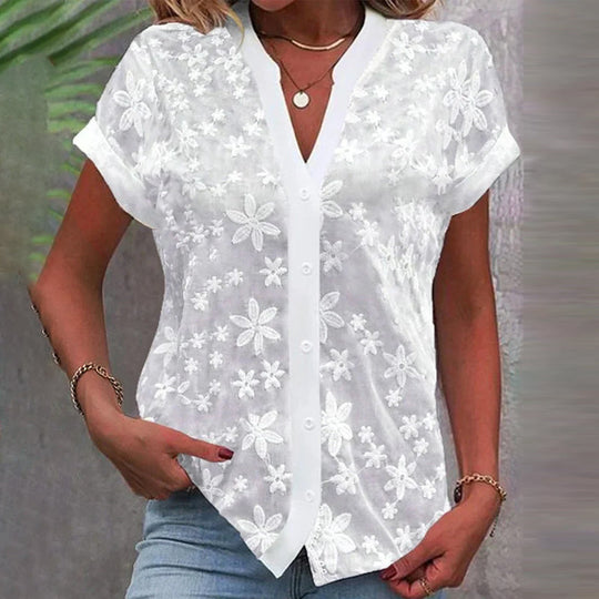 Kurzärmlige Blumenbluse mit V-Ausschnitt