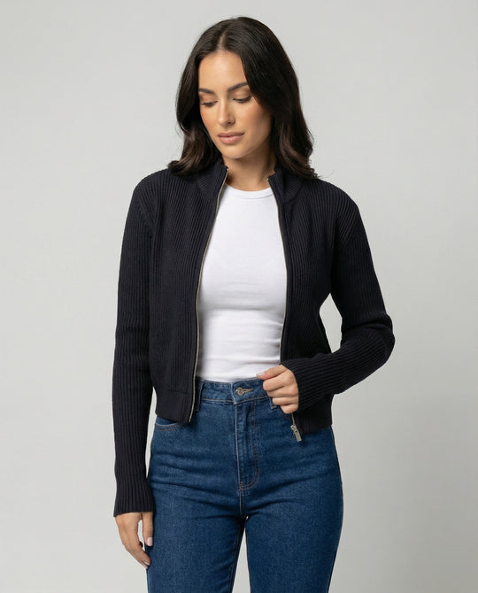 Taillierte Damen Strickjacke mit Reißverschluss und Stehkragen in MarinShopnorylau