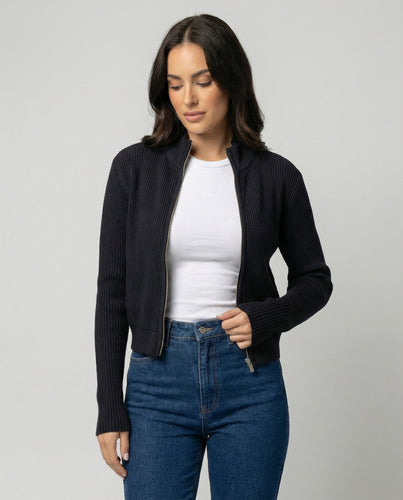 Taillierte Damen Strickjacke mit Reißverschluss und Stehkragen in MarinShopnorylau