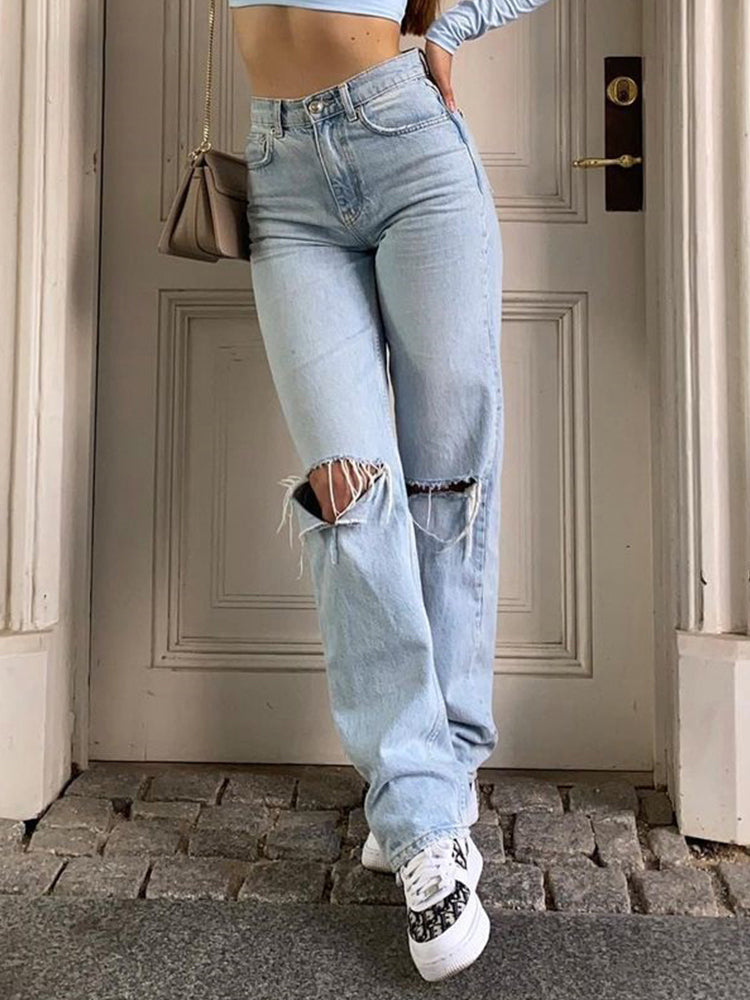 Damen Jeanshose mit Lockerer Passform Zerrissen Weites Bein Hohe Taille Lassige Baggy Jean