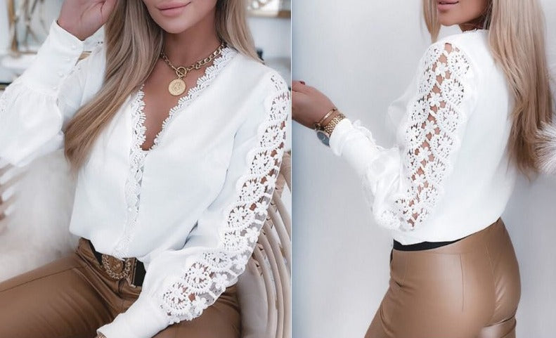 Elegante Top Mit Spitzenärmel Und V-Ausschnitt