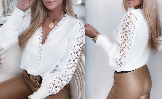 Elegante Top Mit Spitzenärmel Und V-Ausschnitt