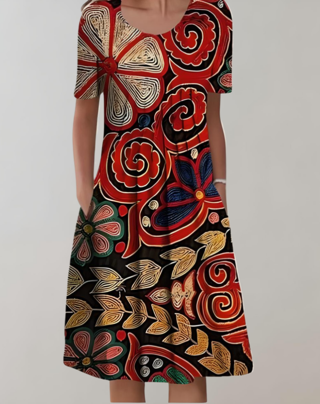 Kurze Ärmel, Lockeres Midikleid mit Blumenmuster und Taschen