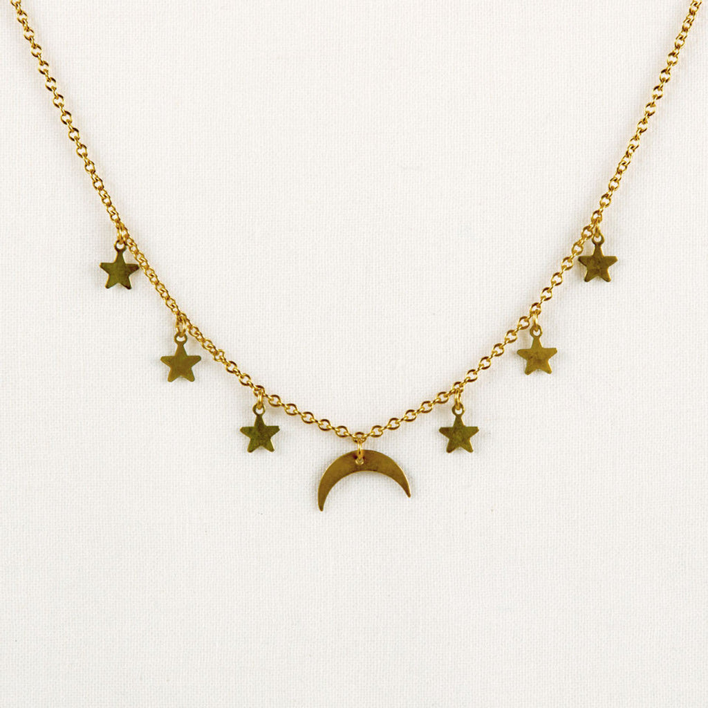 Goldbeschichtete himmlische Mond- & Sterne Hängende Charms Halskette | Shop Nory