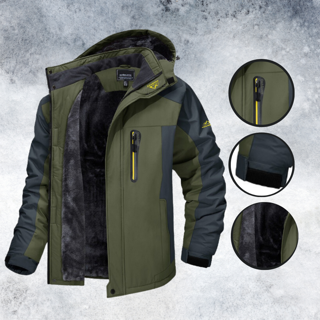 Präsentation einer vielseitigen Outdoor-Jacke in Armeegrün, die mit ihren windabweisenden Eigenschaften, mehreren Taschen und einem stilvollen Design für verschiedene Outdoor-Aktivitäten überzeugt.