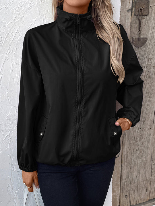 Damen Wasserdichte Regenjacke mit Reißverschluss und Hohem Kragen