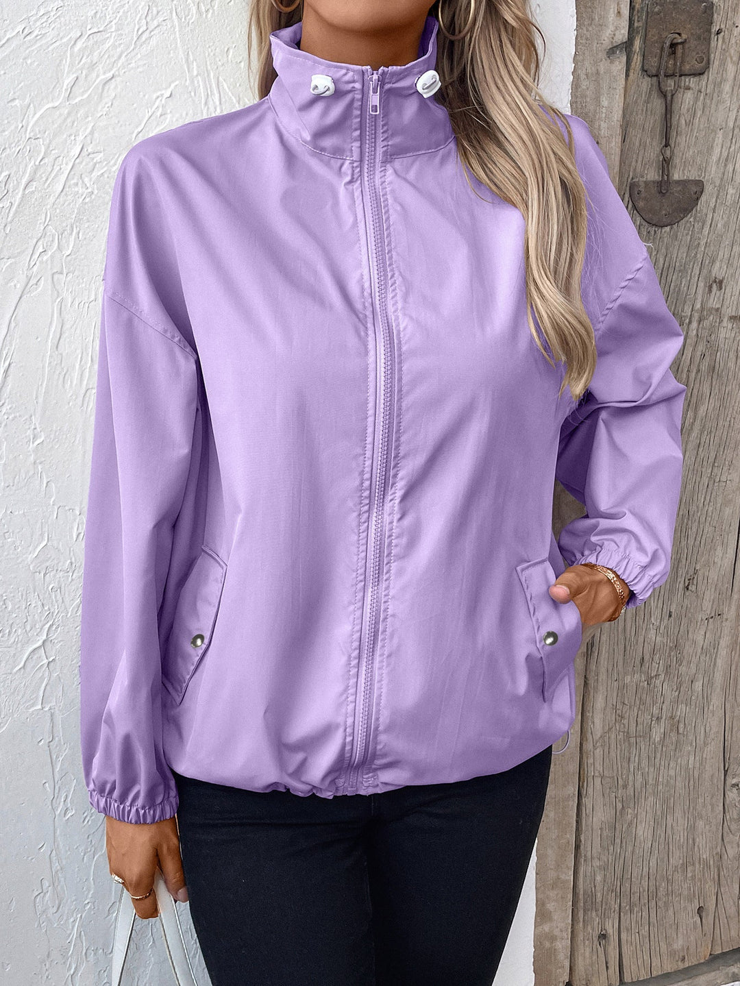 Damen Wasserdichte Regenjacke mit Reißverschluss und Hohem Kragen