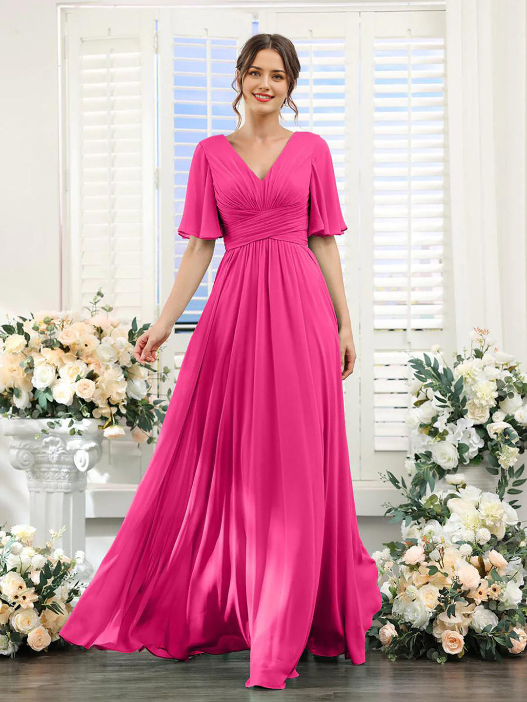 Fließendes V-Ausschnitt Chiffonkleid für Damen